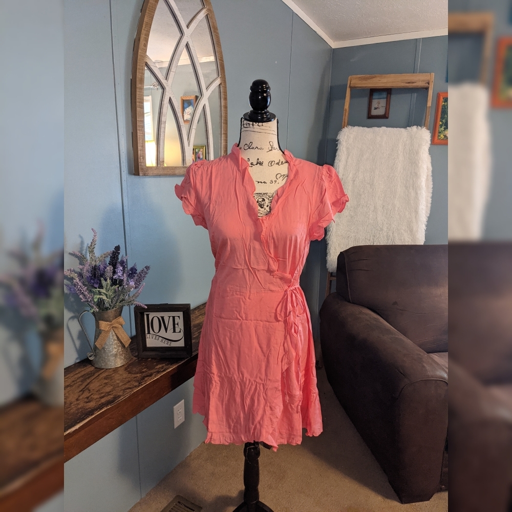 Pink Ruffle Trim Wrap Dress